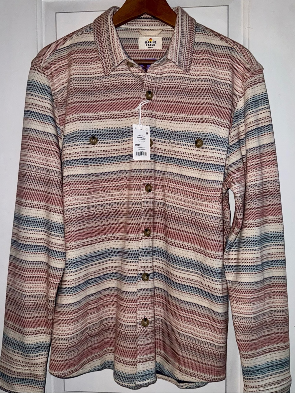 Marine Layer NWT Pacifica Stretch Twill Overshirt in Warm Baja Stripe
